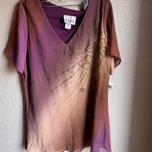 Vintage Clara Elegant V-Neck flutter Sleeve Top Purple &Tan ombré floral 3X